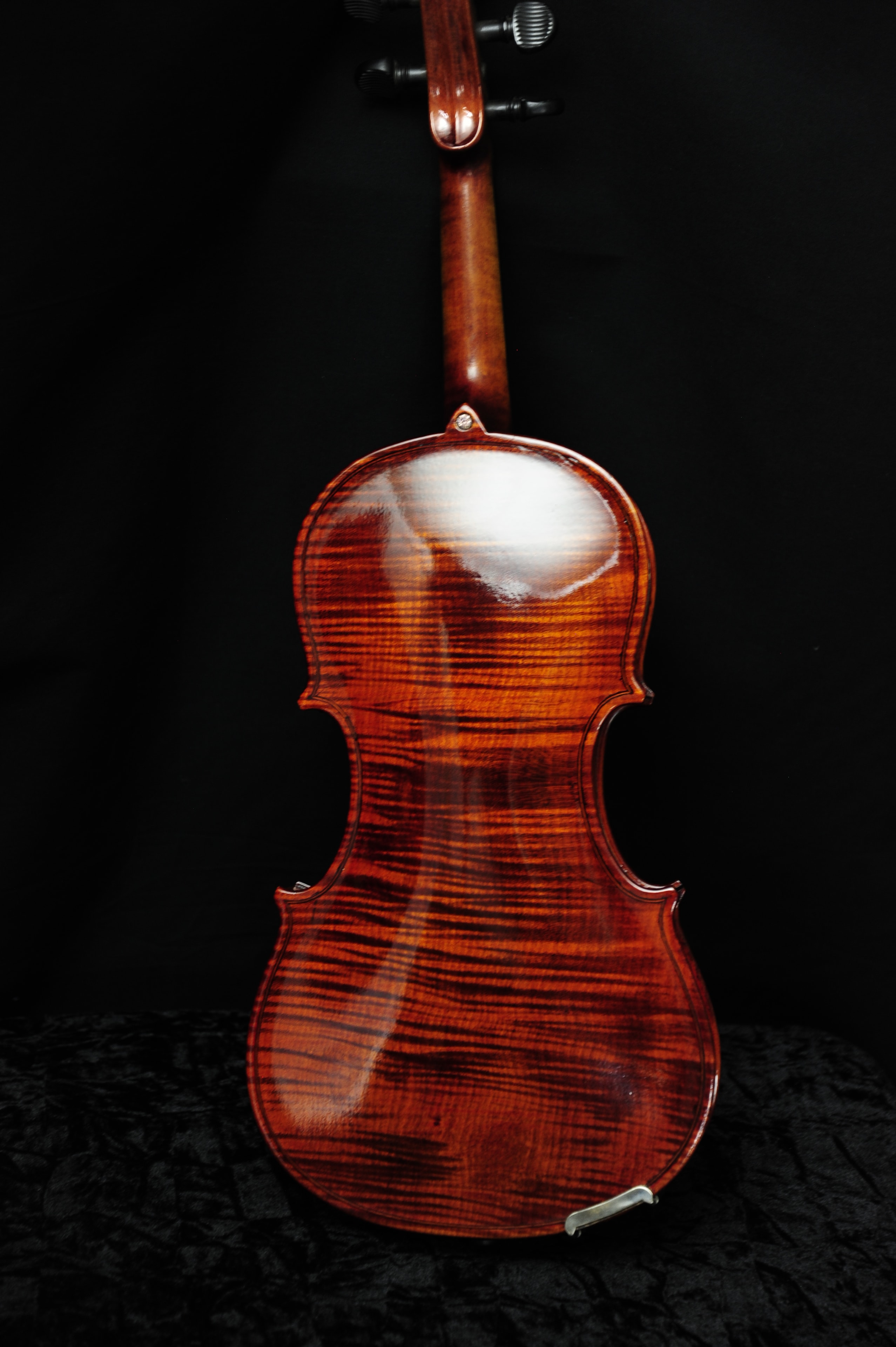 Stradivarius Model Violin — back view showing highly flamed one-piece European maple